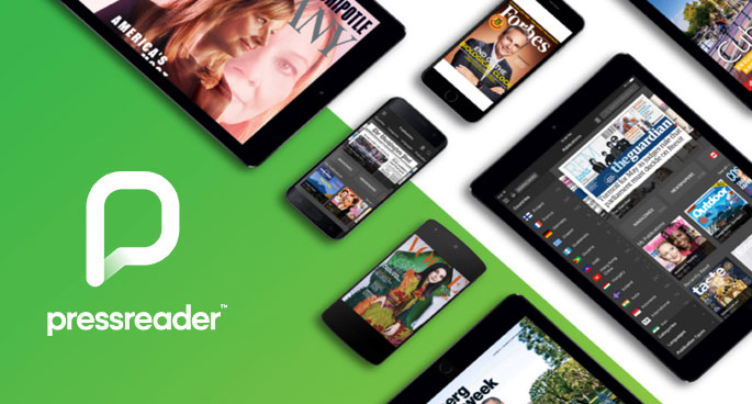 Pressreader logo with mobile device featuring magazine and newspaper content