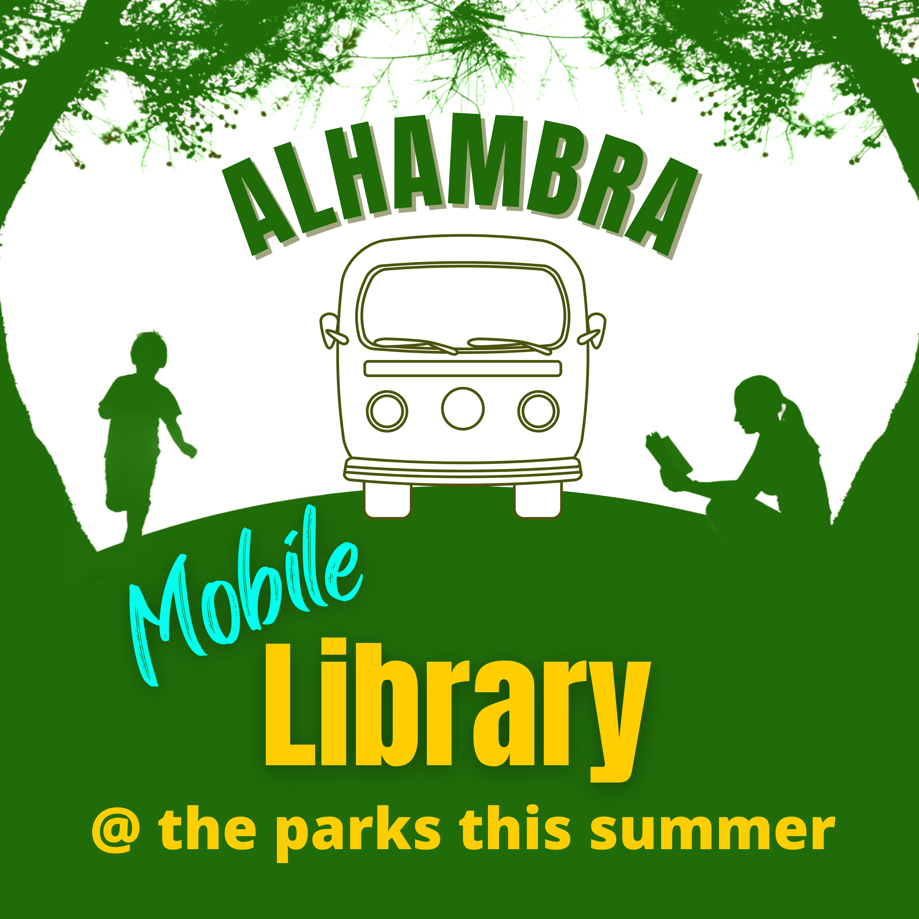 green and white image with mobile van, trees, and people at a park