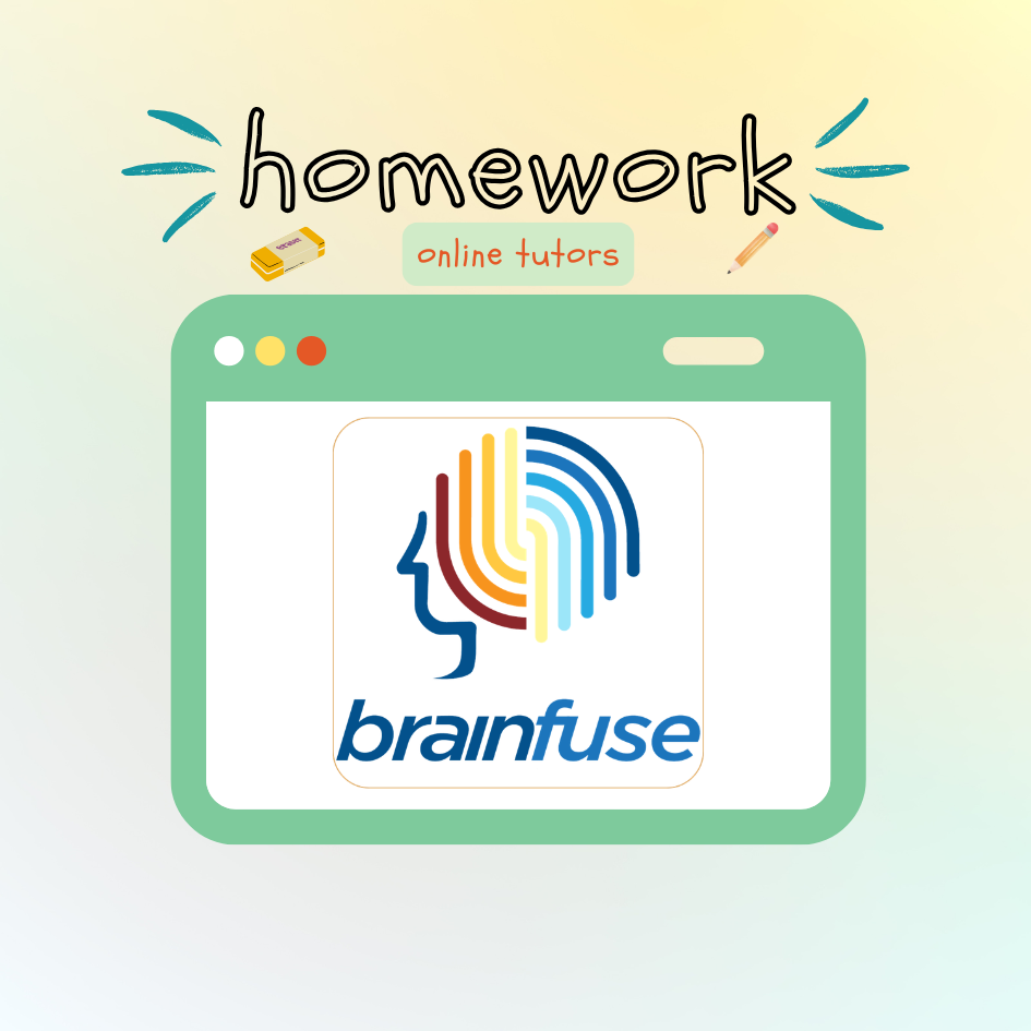 Yellow mint background image with a tablet graphic that has Homework Online tutors and Brainfuse service logo on it.