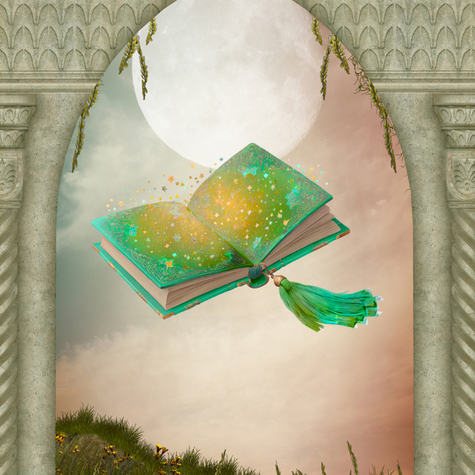 An open, glowing book with a green tassel floats between stone arches, under a large full moon and a pastel sky, above grassy ground with small flowers.