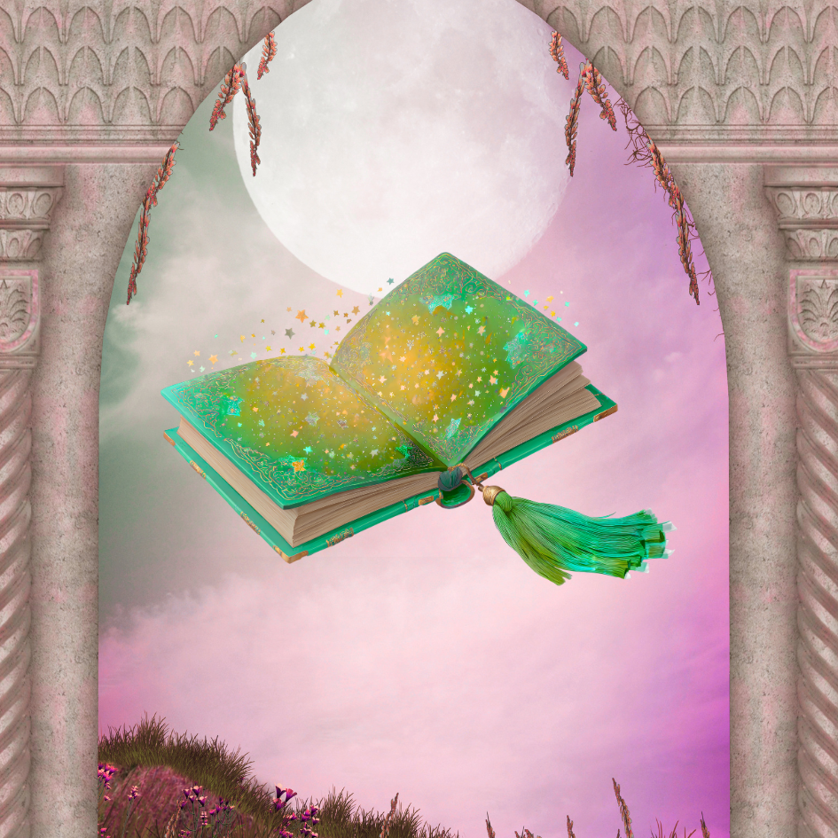 An open, glowing book with a green tassel