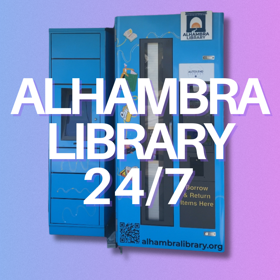 photo of the alhambra library vending library and locker machine on a lilac and pink backdrop with the words "Alhambra Library 24/7" on top of it.