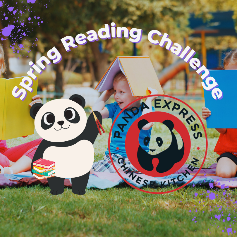 Children sit on a blanket outdoors reading books in a park while the text “Spring Reading Challenge” appears above them. A cartoon panda holding books and a large Panda Express Chinese Kitchen logo are overlaid on the image.