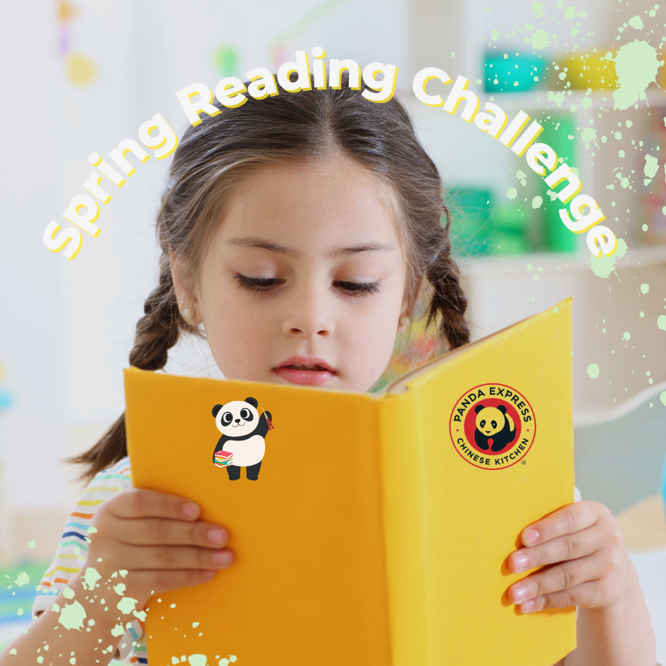Child reads an open book in front of shelves while the text “Spring Reading Challenge” appears above them. A cartoon panda holding books and a large Panda Express Chinese Kitchen logo are overlaid on the image.