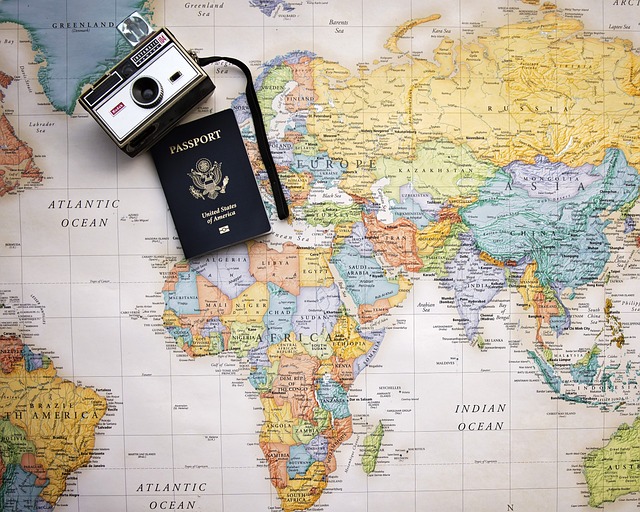passport, map, vintage camera