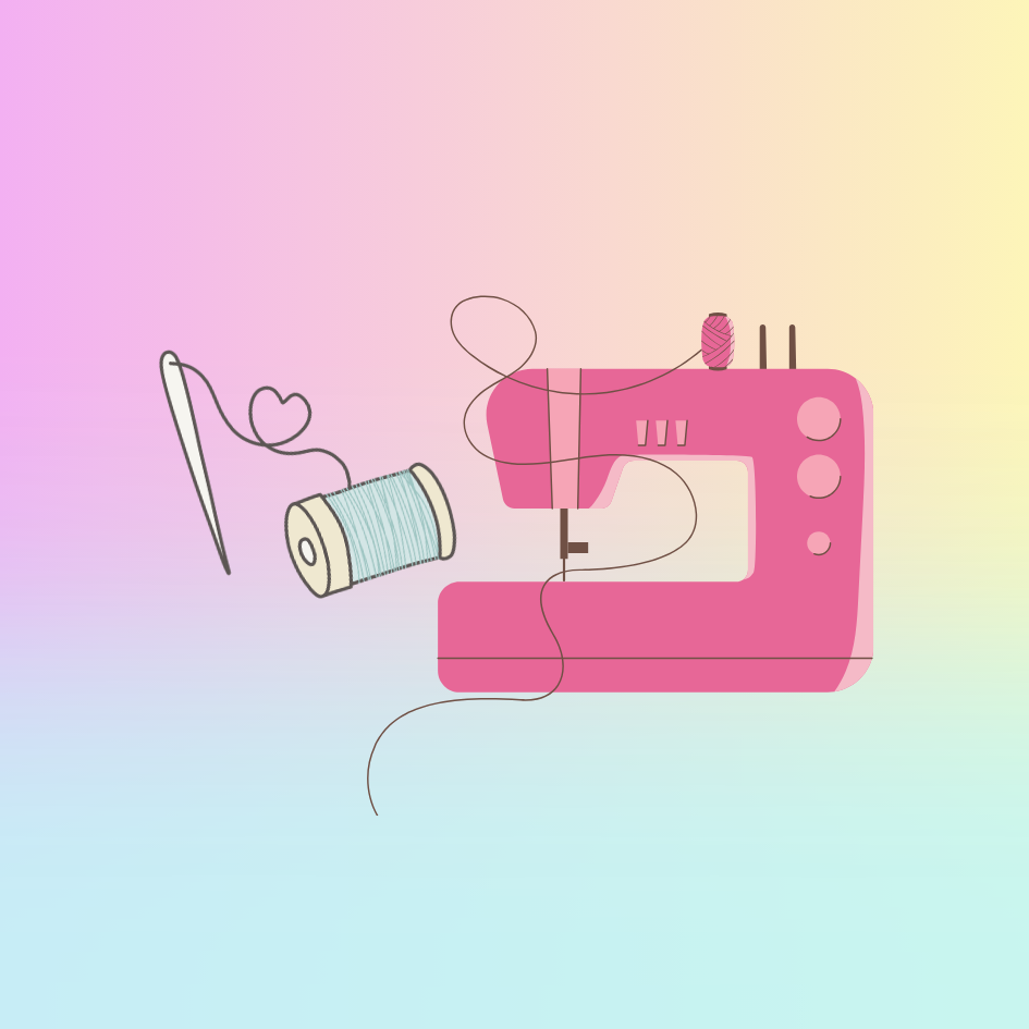 Pink sewing machine with needle and thread heart.