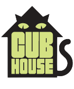 the logo for the cub house in san marino with a cat in the shape of a house with the words cub house inside