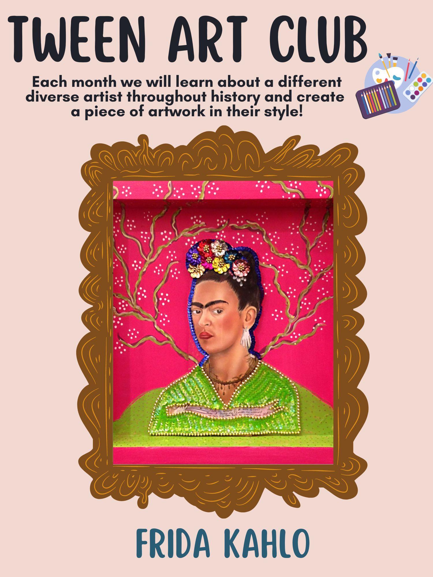 Painted portrait of Frida Kahlo on a pink background.