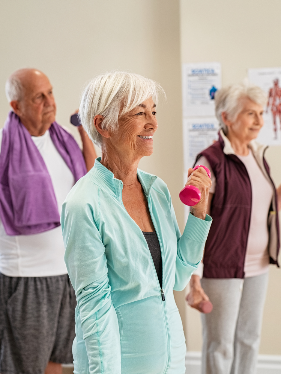 Three adults lifting hand weights.
