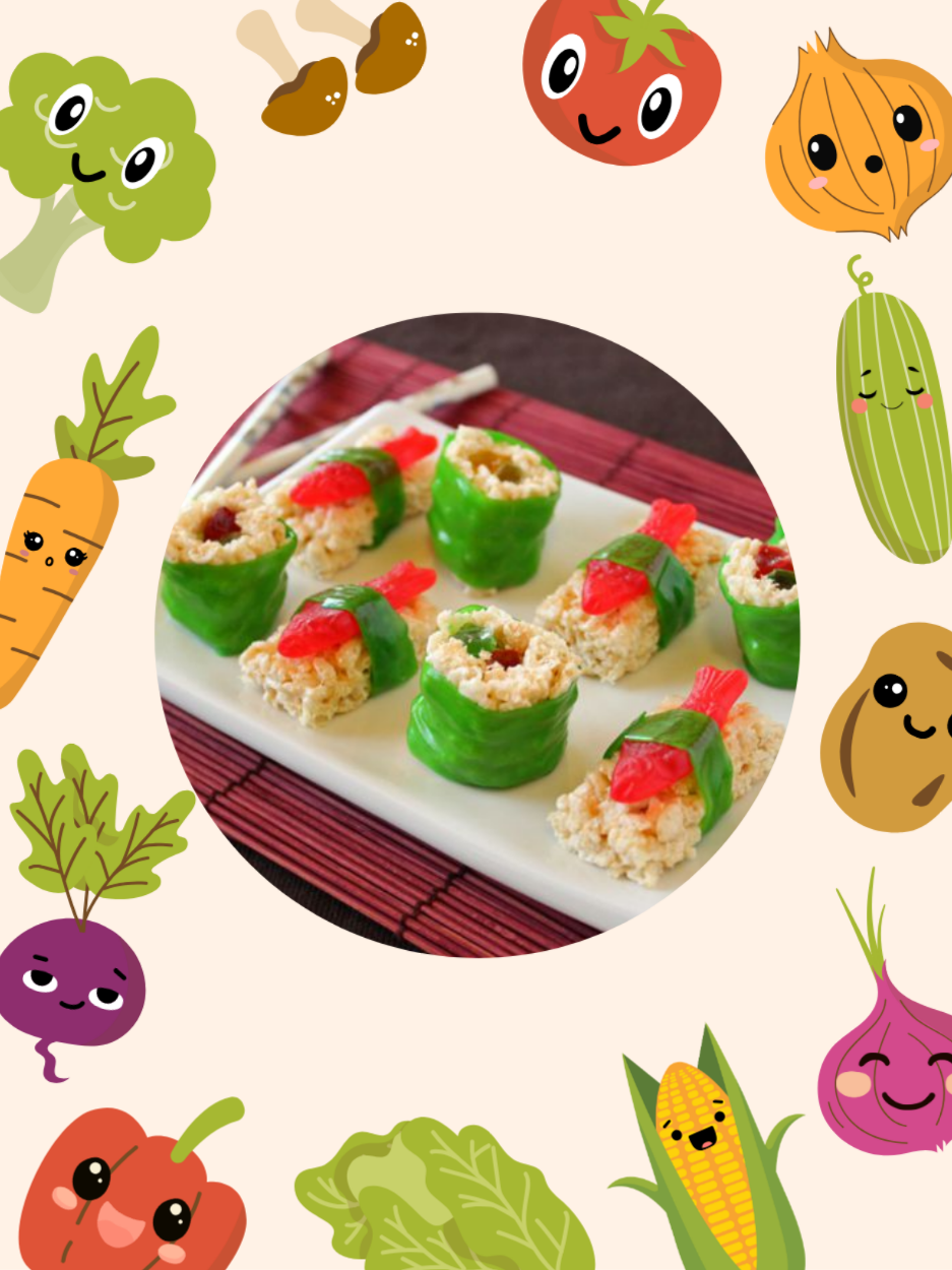 Plate of candy sushi surrounded by vegetables.