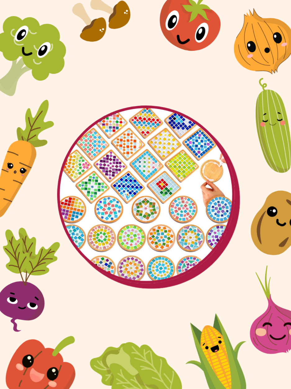 Variety of tiles surrounded by vegetables.