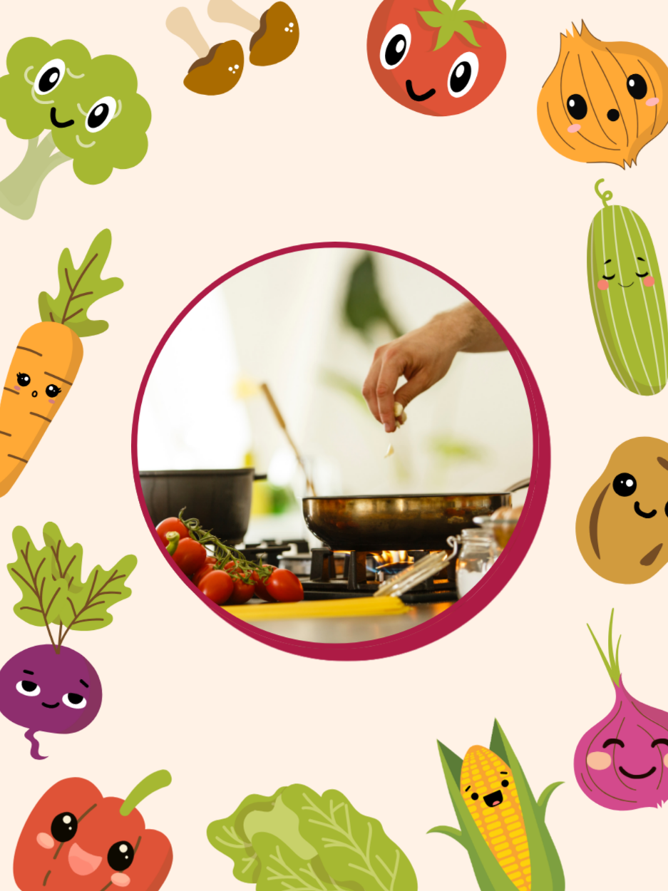 A person cooking surrounded by vegetables.