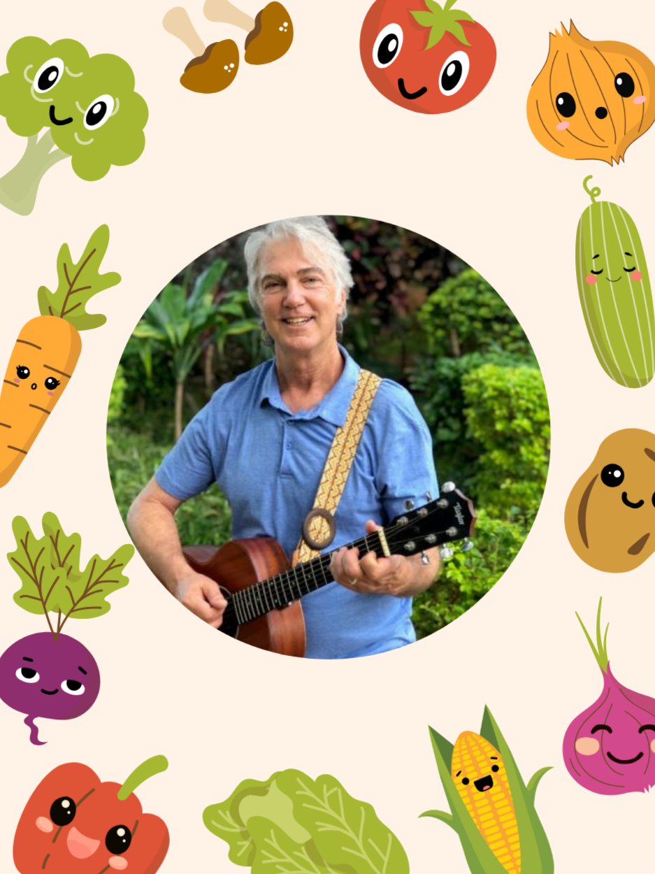 Man playing guitar surrounded by cute vegetables.