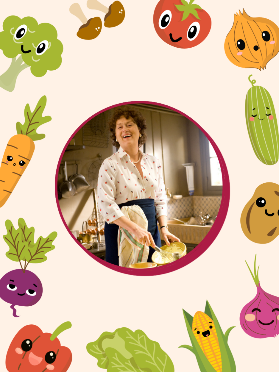 Movie still from Julie & Julia movie surrounded by vegetables.