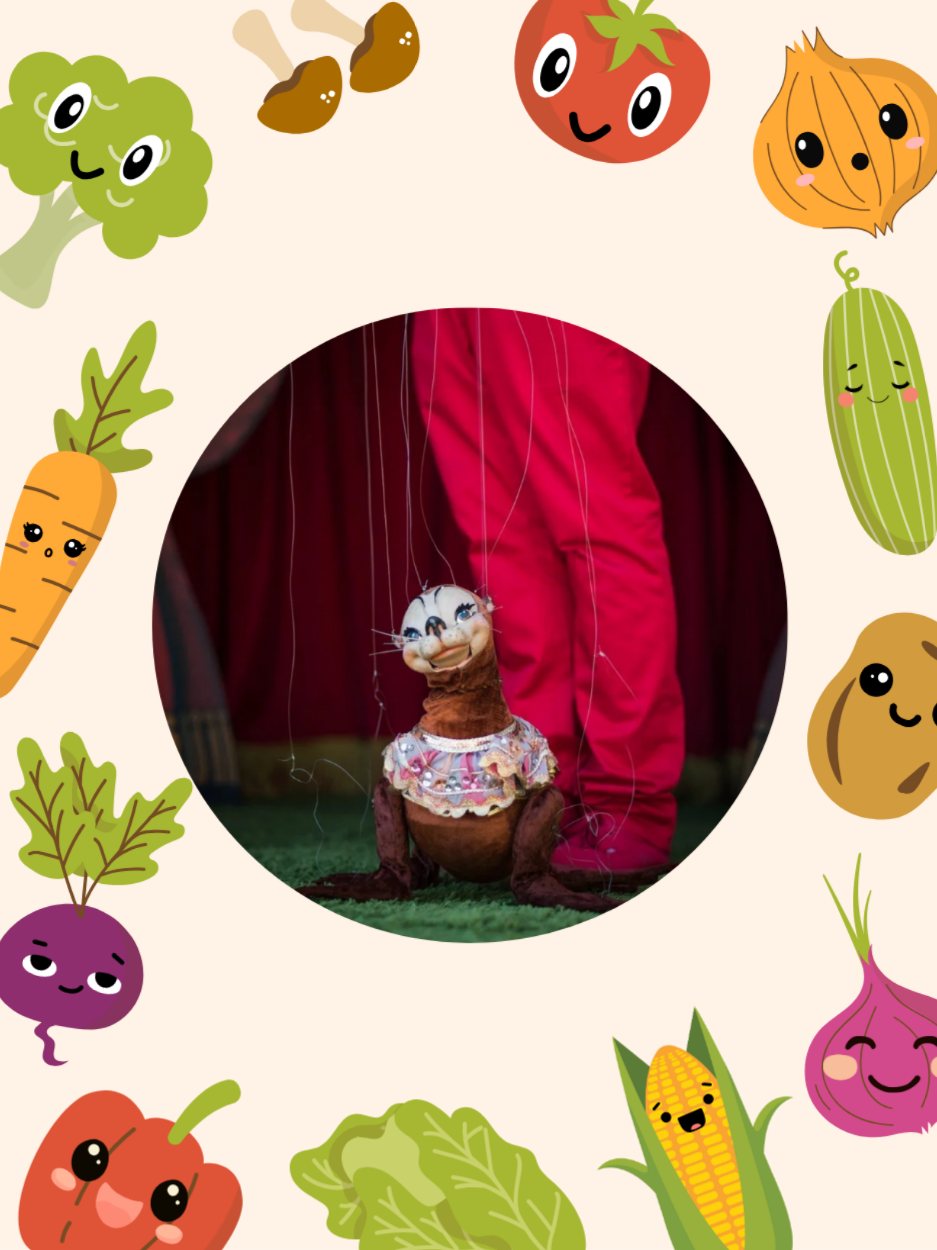A marionette puppet seal surrounded by cute vegetables illustration.