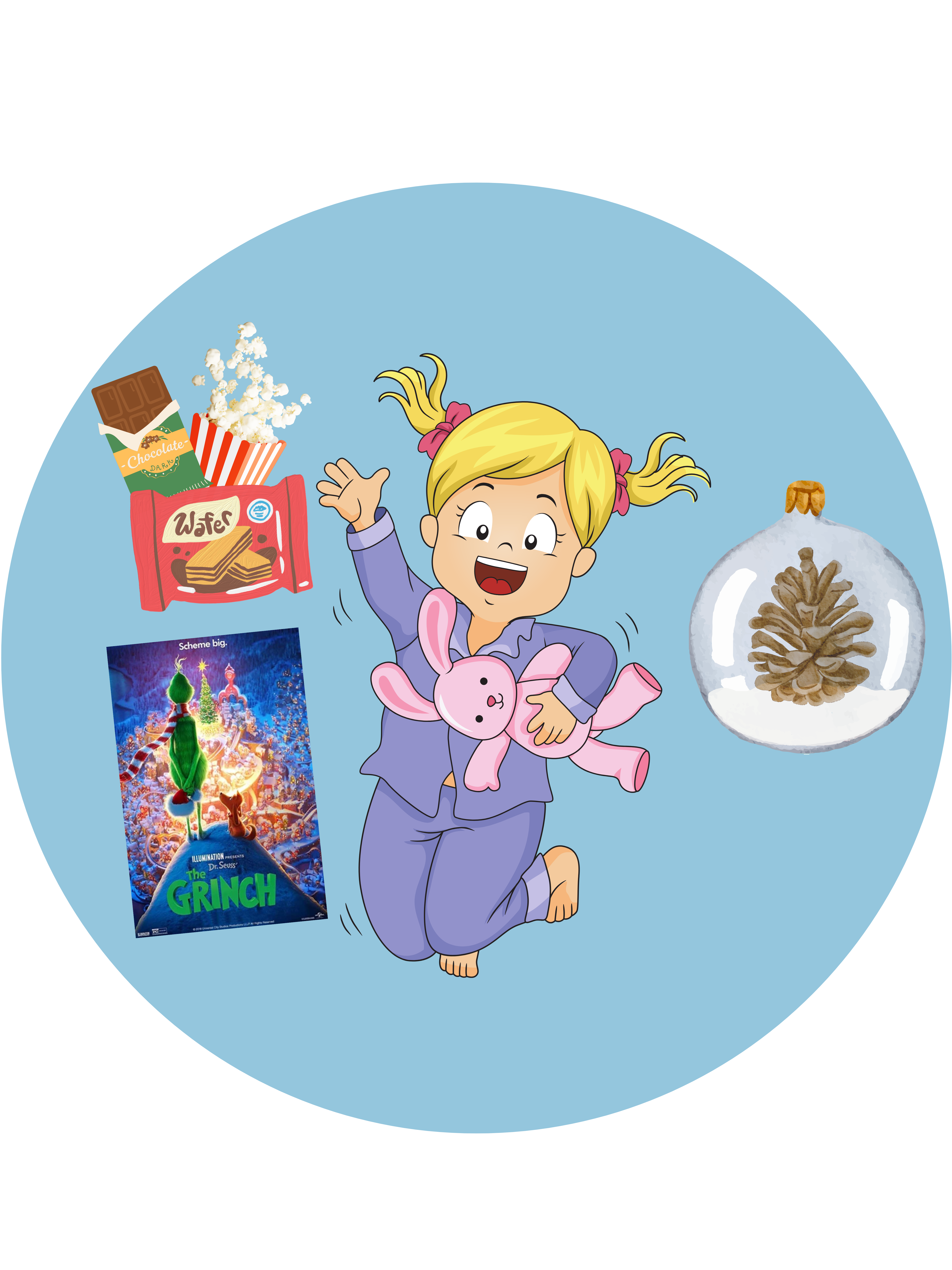 Little Girl Jumping with Candy, ornament and Grinch Movie