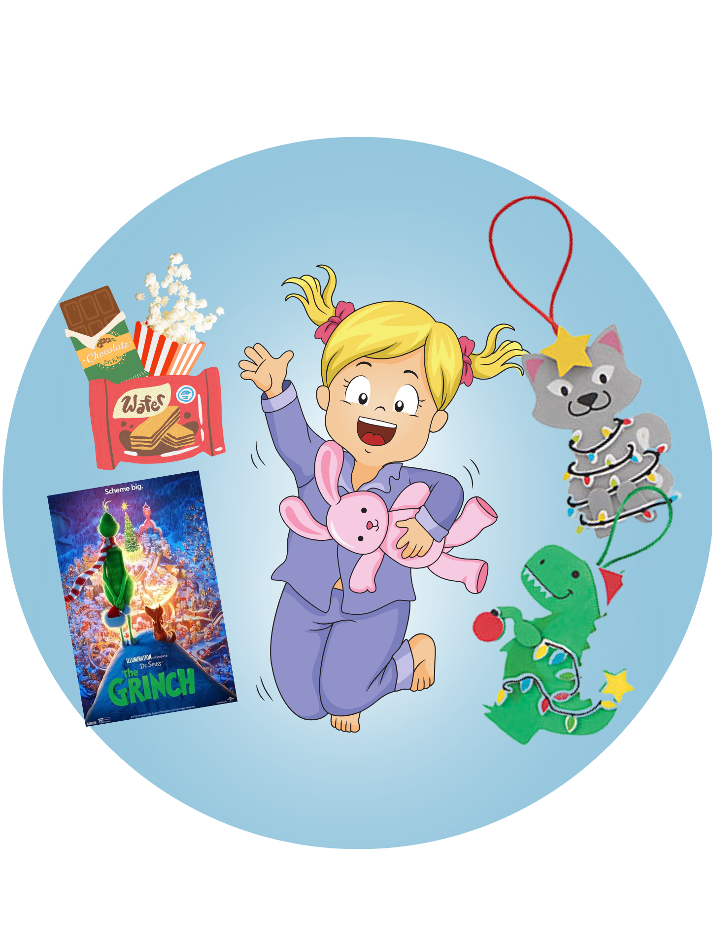 Little Girl Happily Jumping Surrounded by Candy, Ornaments and Film