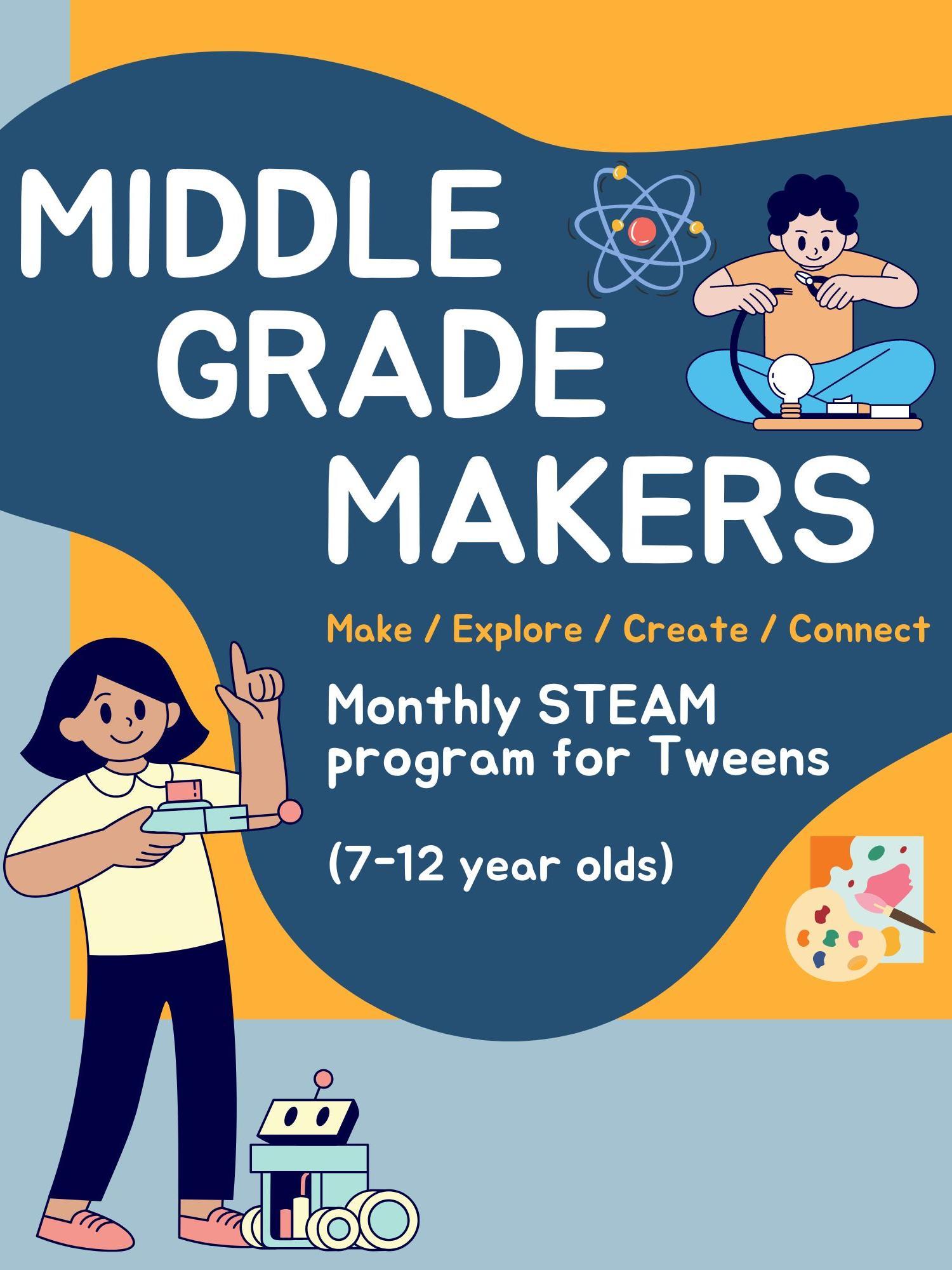 Young person with a robot and a young person with a STEM based electronic project promoting Middle Grade Makers program.