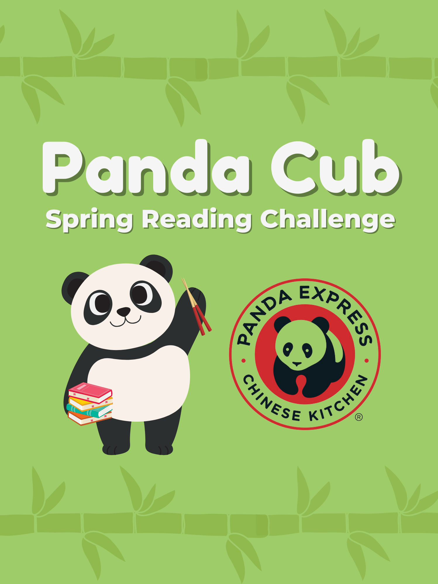 Panda Cub Spring Reading Challenge with panda bear holding books and chopsticks and the Panda Express logo