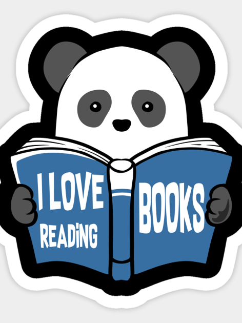 Panda reading a book that says "I Love Reading Books"
