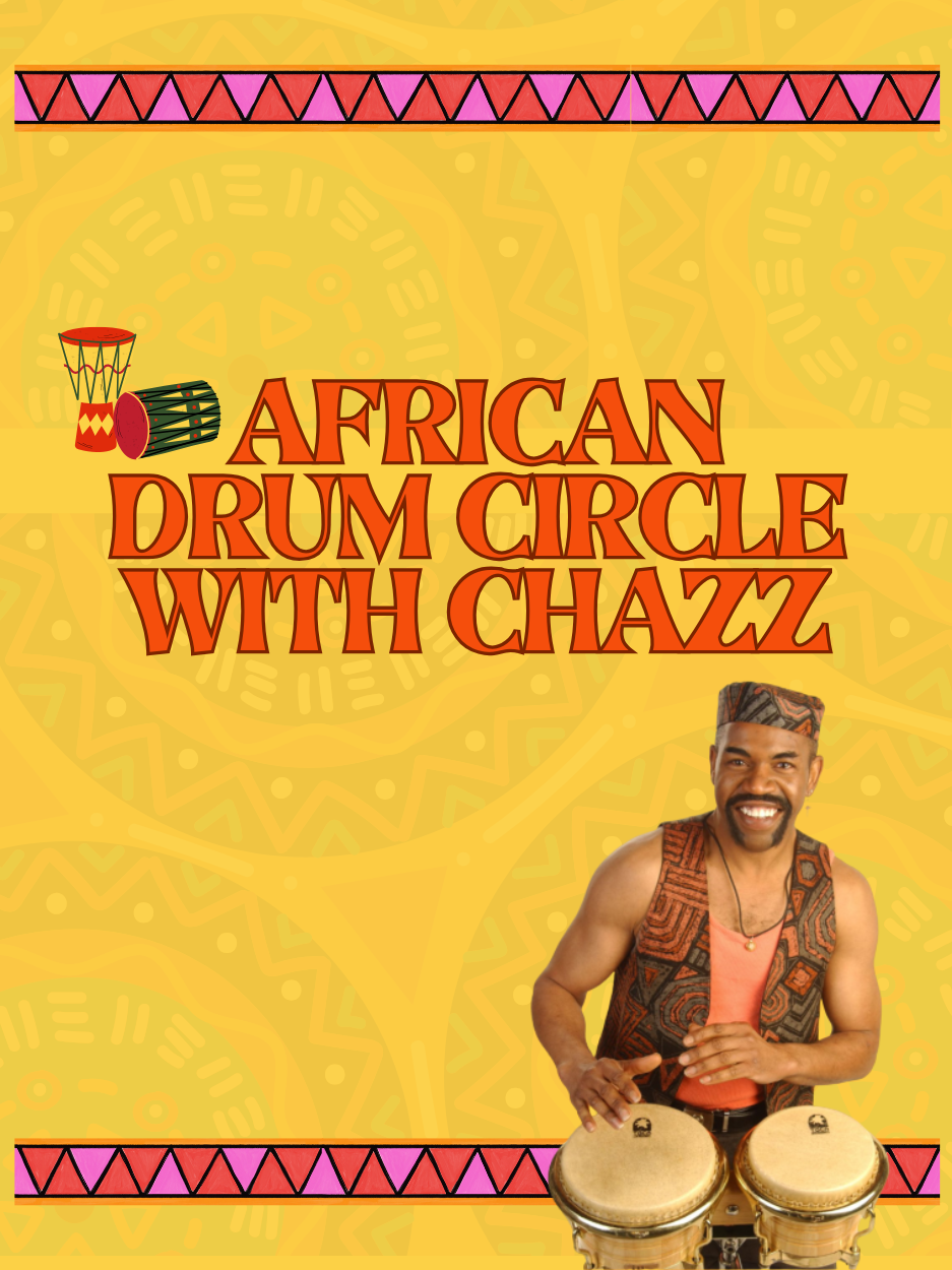 african drum circle with chazz event with photo of chazz drumming a set of drums