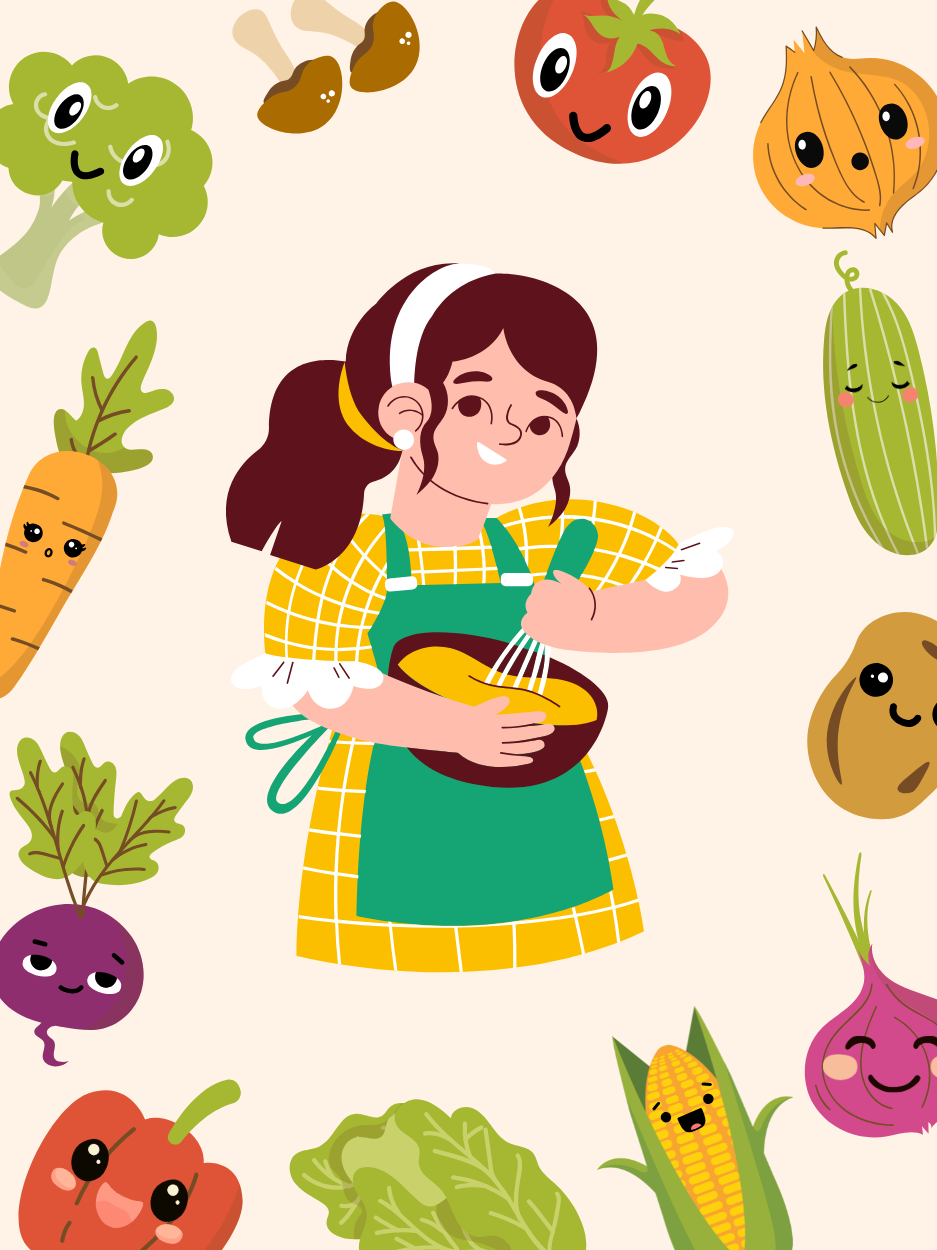 Woman in apron with mixing bowl surrounded by vegetables.