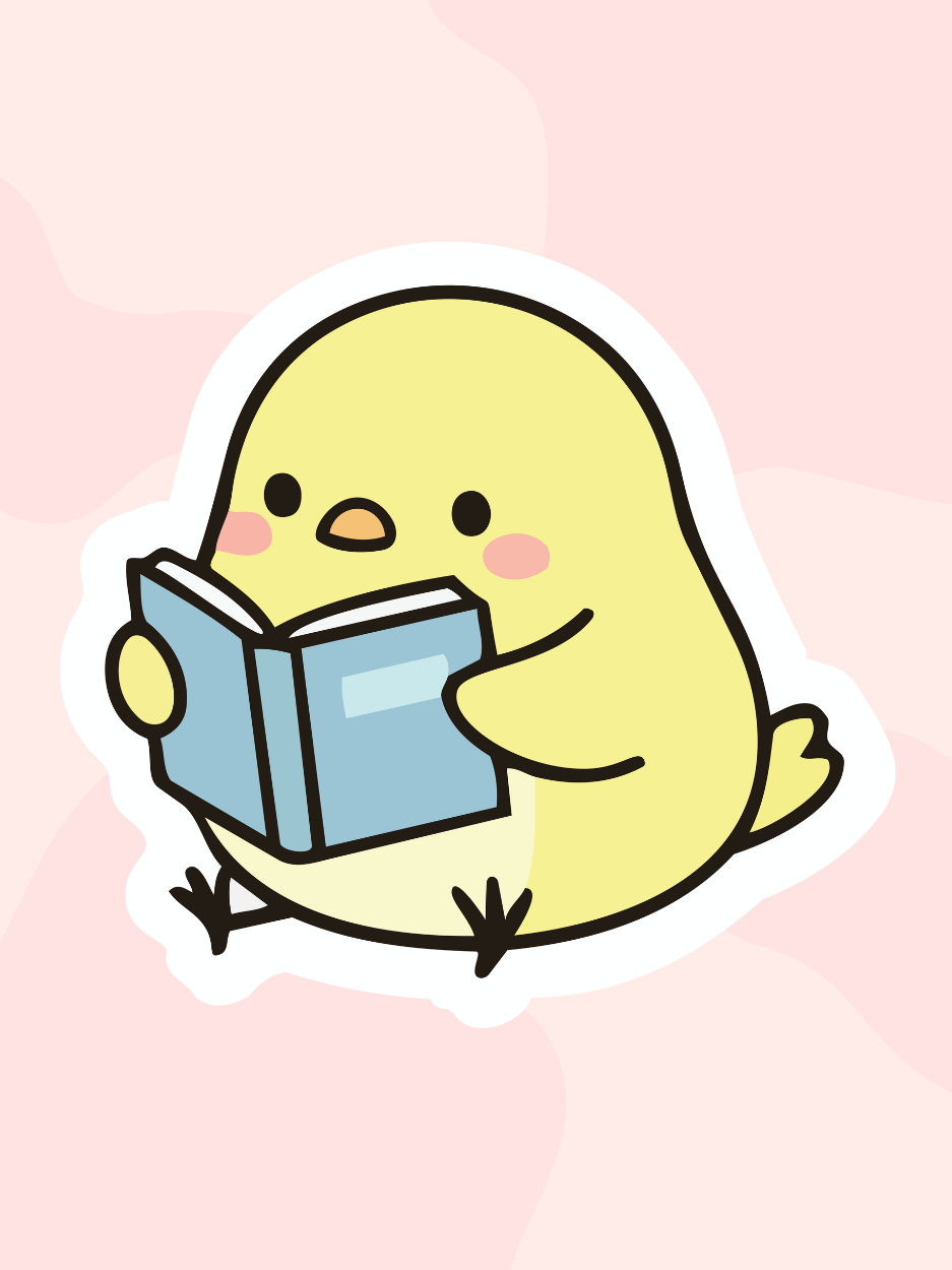 baby chick reading a book on a pink background