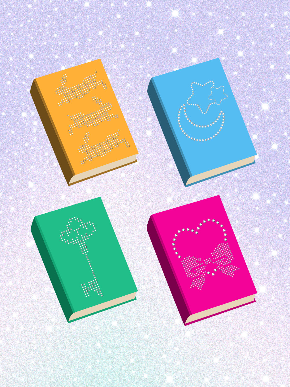 Illustration of four colorful books arranged in a 2×2 grid on a sparkly pastel background. Each book has a dotted design on the cover to create a bedazzled pattern in the shapes of animals, a crescent moon and stars, a key, and a heart with a bow. 