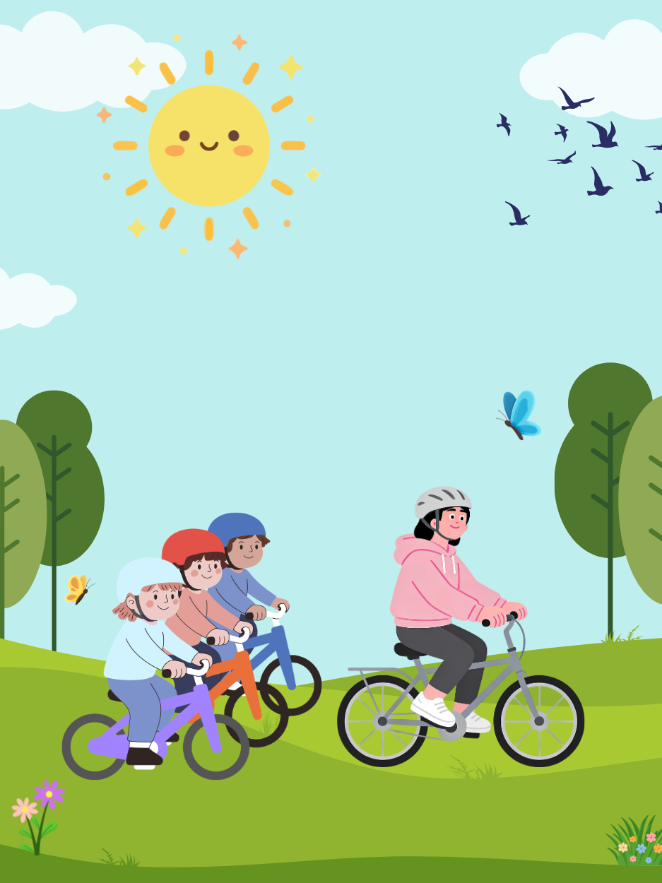 The image shows a cheerful outdoor park scene on a sunny day. A smiling sun shines in a blue sky with a few clouds and birds flying. Below, an adult and three children are riding bicycles together across a grassy landscape with trees and flowers. The riders are wearing helmets and there are butterflies fluttering nearby.