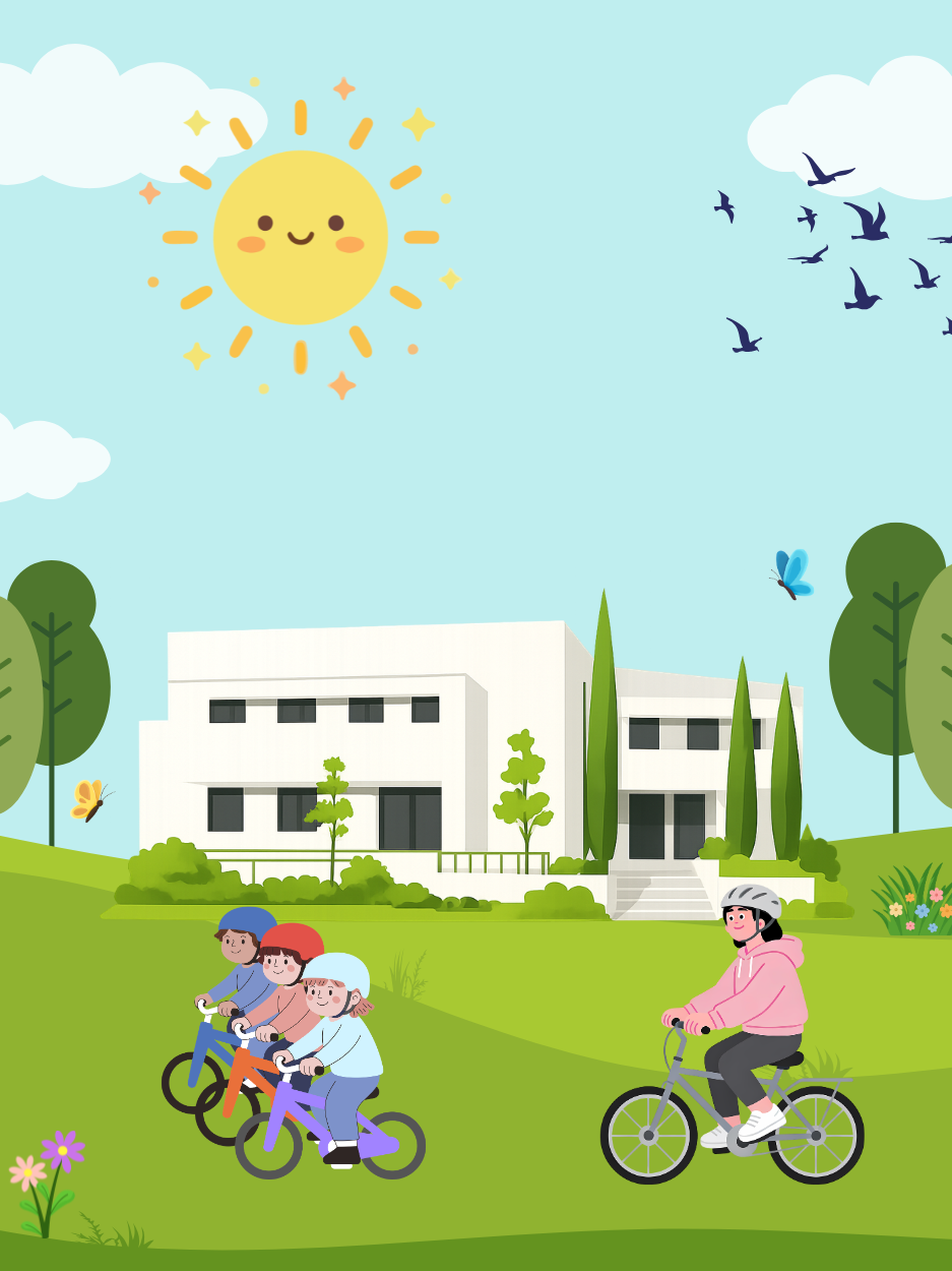 The image shows an outdoor park scene with a library building in the background. A smiling sun shines in a blue sky with a few clouds and birds flying. Below, an adult and three children are riding bicycles together across a grassy landscape with trees and flowers. The riders are wearing helmets and there are butterflies fluttering nearby.