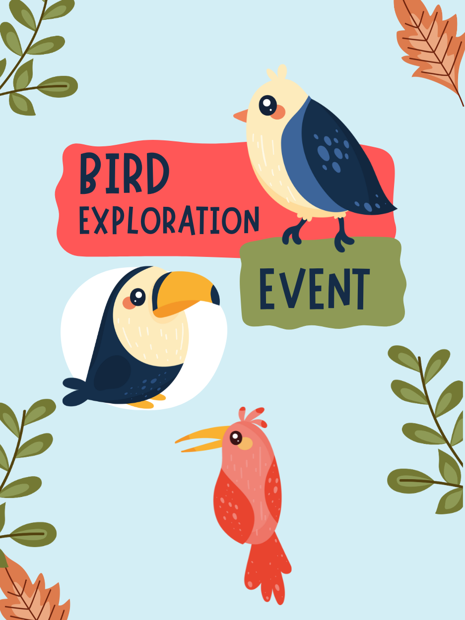 bird exploration event with three birds surrounding the name of the event