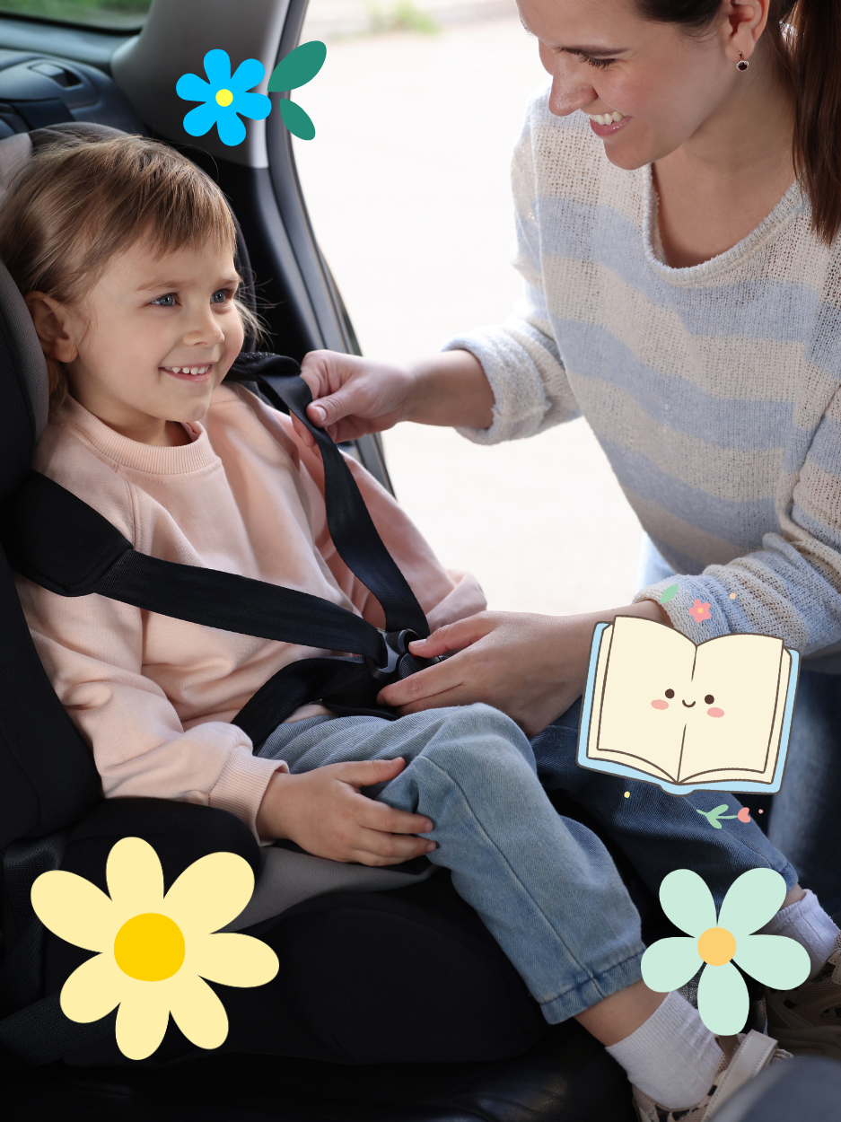 Mother fastening child’s car seat harness.