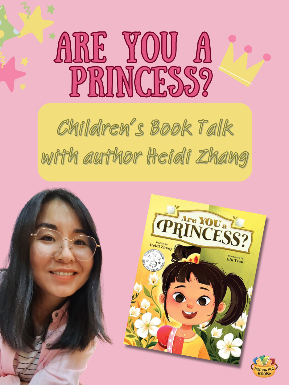 Image for a children's book talk event with author of "are you a princess?" book with photo of the author and photo of the book. The background is light pink with images of a crown and stars in the corner.
