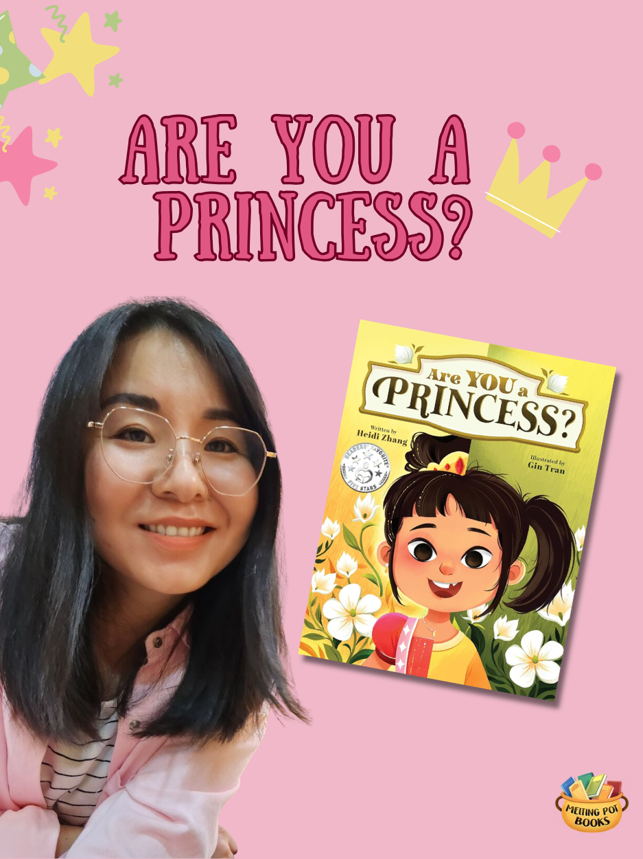 Image for a children's book talk event with author of "are you a princess?" book with photo of the author and photo of the book. The background is light pink with images of a crown and stars in the corner.