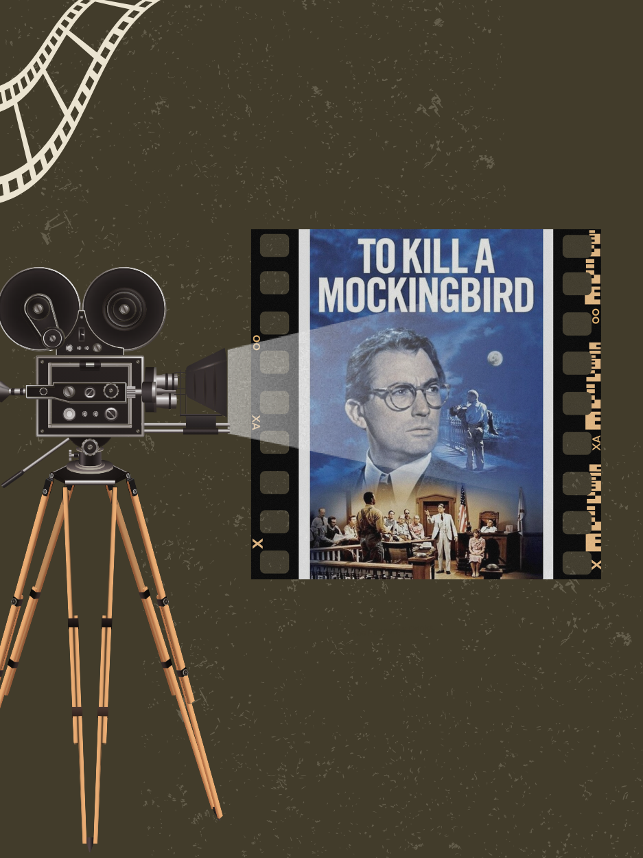 A vintage film projector on a tripod shines light onto a filmstrip displaying the movie poster for To Kill a Mockingbird, set against a textured background with a decorative film reel graphic in the corner.