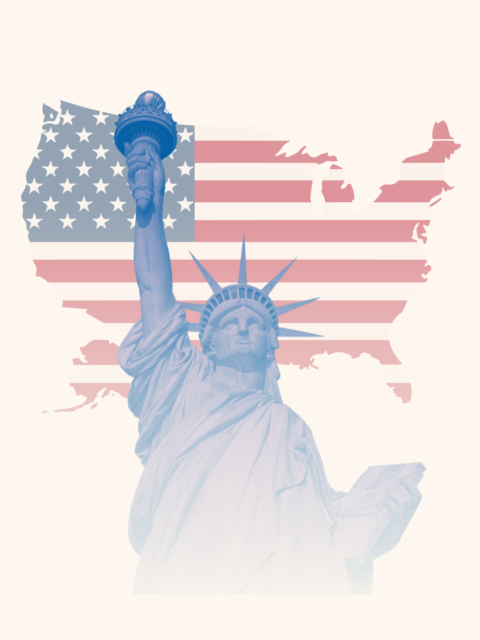 Statue of liberty in front of USA shape.