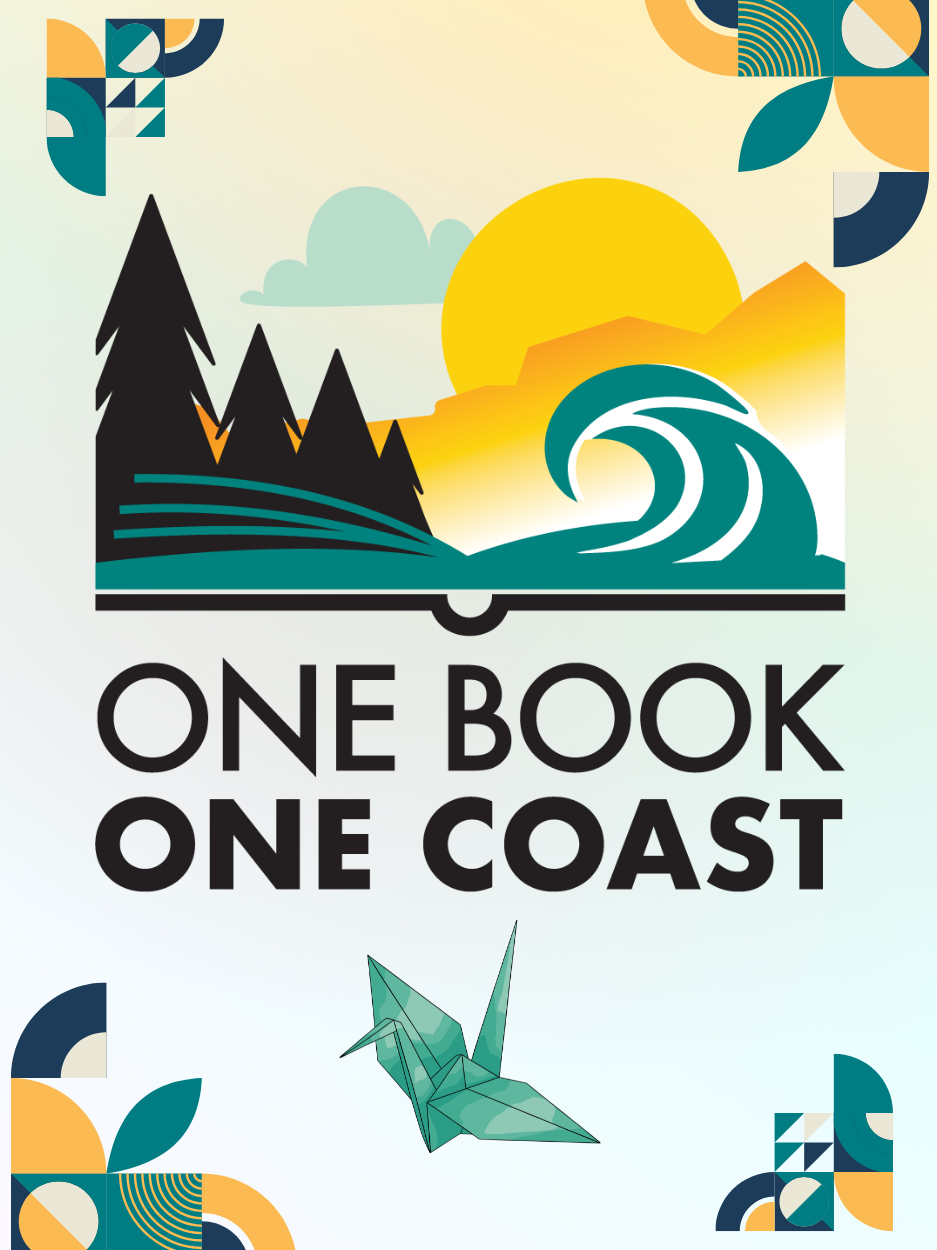 Poster reading “ONE BOOK ONE COAST” in bold black text. Above the text is a stylized illustration of an open book forming a landscape with evergreen trees, ocean waves, mountains, clouds, and a large yellow sun. Decorative geometric patterns appear in the corners, and an origami crane is centered near the bottom.