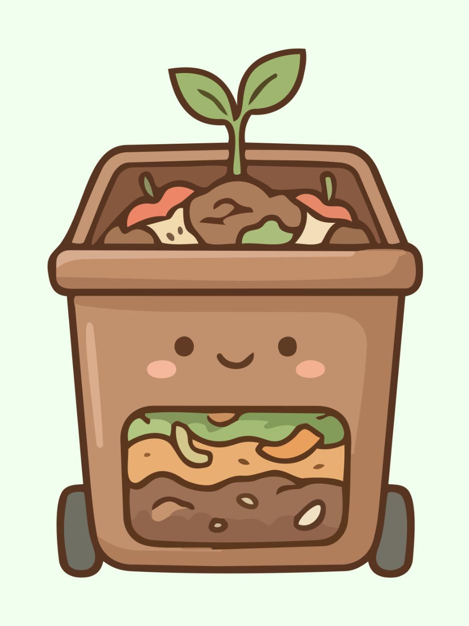 A bin with compost and a growing green leaf.