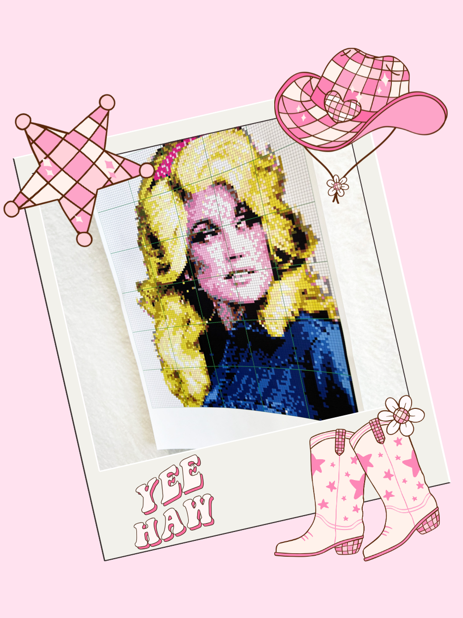 Image for a Dolly Parton Night event on a light pink background with a polaroid style photo of Dolly Parton's face along with graphics of a disco star, cowgirl boots, a pink cowgirl hat and the words "Yee Haw".