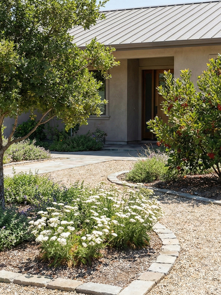 Front yard with fire-wise landscaping.