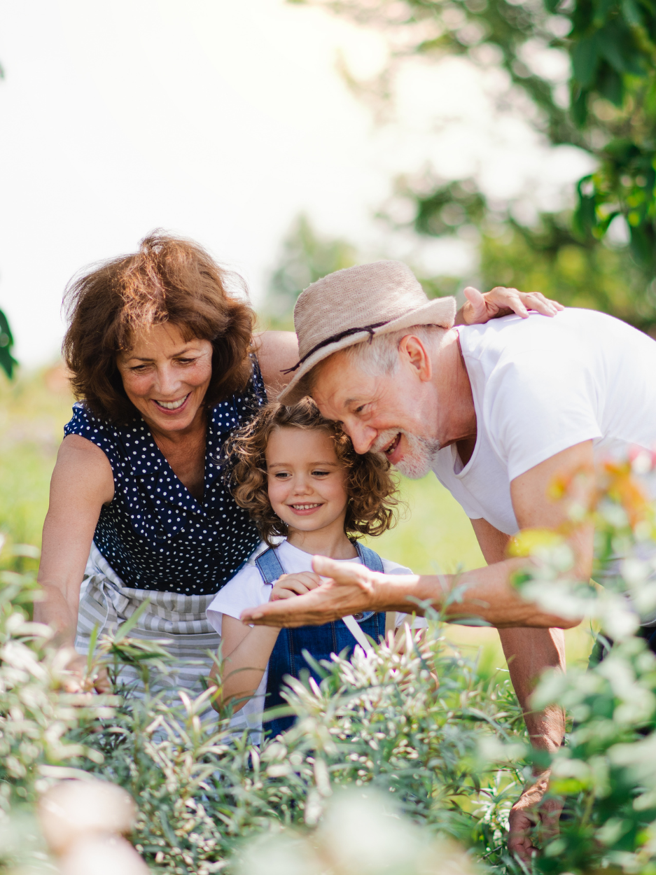 Grandparents smiling with granddaughter.