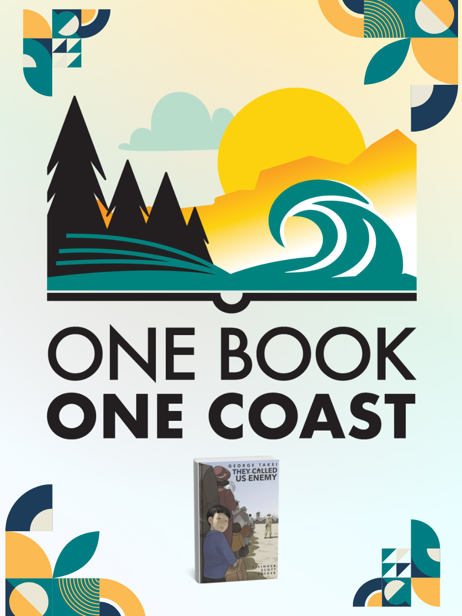 Poster reading “ONE BOOK ONE COAST” in bold black text. Above the text is a stylized illustration of an open book forming a landscape with evergreen trees, ocean waves, mountains, clouds, and a large yellow sun. Decorative geometric patterns appear in the corners, and the book “They called us enemy” is centered near the bottom.