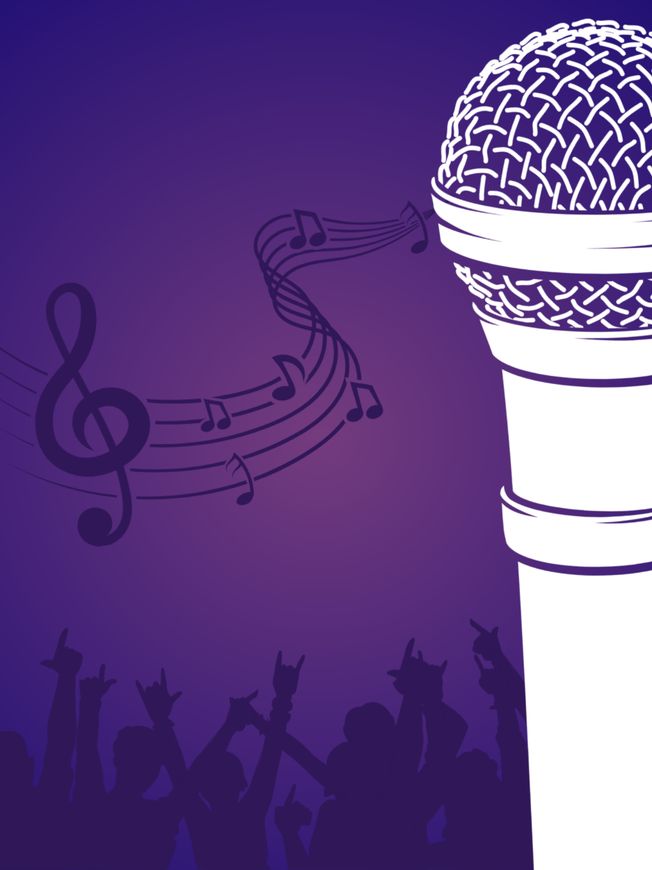 Microphone with musical notes and crowd.