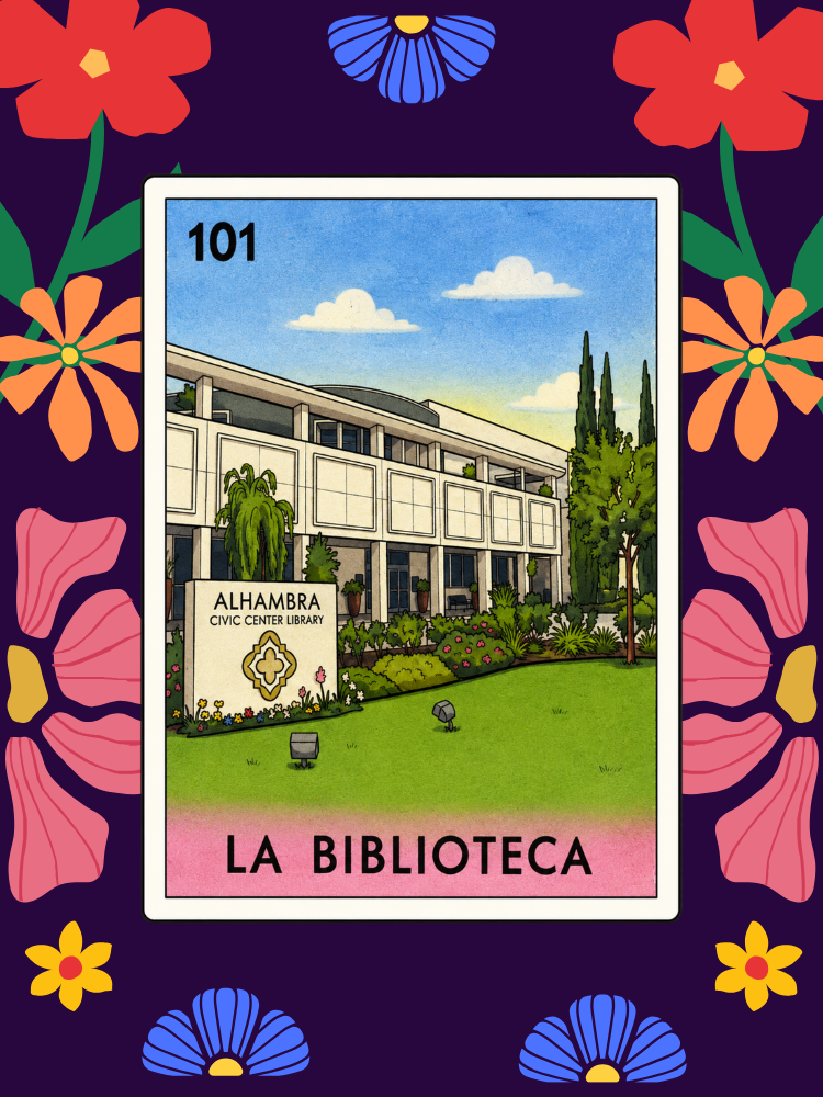 Loteria game card of Alhambra Library with floral border.