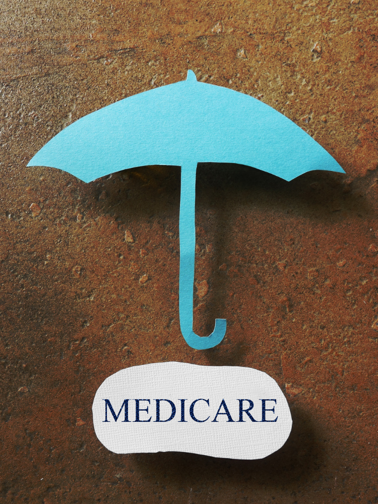 Paper umbrella cutout with word Medicare underneath.