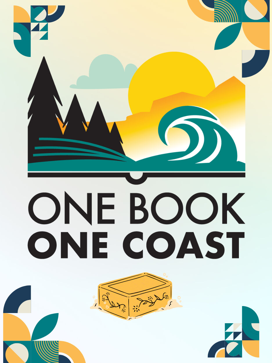 Poster reading “ONE BOOK ONE COAST” in bold black text. Above the text is a stylized illustration of an open book forming a landscape with evergreen trees, ocean waves, mountains, clouds, and a large yellow sun. Decorative geometric patterns appear in the corners, and a graphic of a memory trinket box is centered near the bottom.