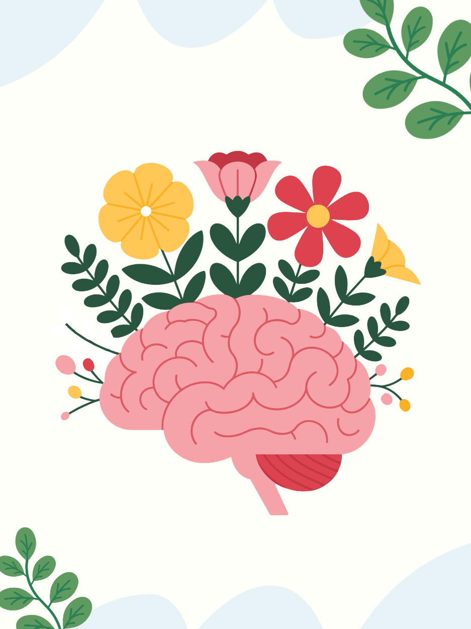 an illustration of a pink brain with flowers and leafy plants growing from it. The background is light cream with soft blue shapes and green leaves in the corners