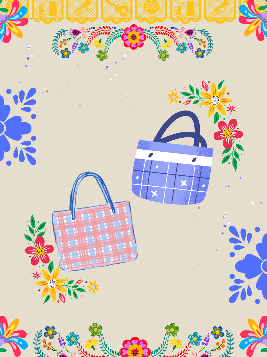 Colorful floral border with two patterned tote bags.