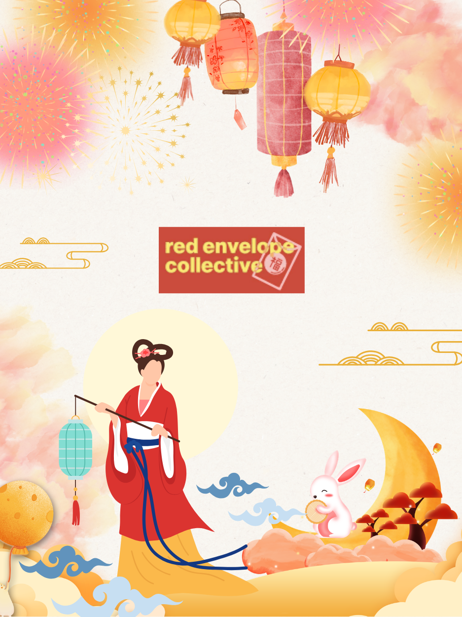 Mid-Autumn Festival with lanterns, moon, and rabbit.