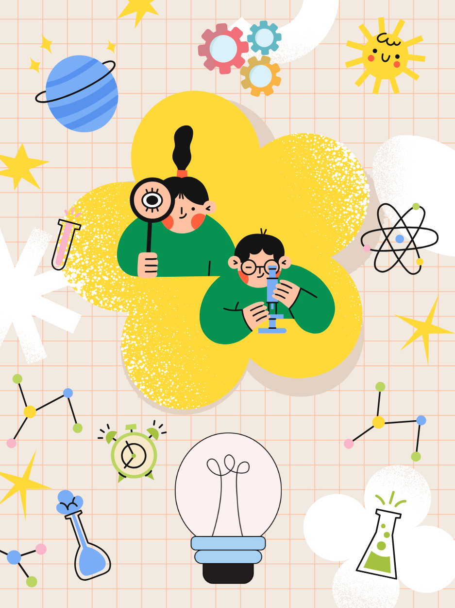Colorful cartoon illustration of two children exploring science. One child looks through a magnifying glass and the other uses a microscope, surrounded by playful drawings of planets, stars, an atom symbol, molecules, test tubes, flasks, gears, a clock, and a light bulb on a grid-patterned background with large yellow shapes.